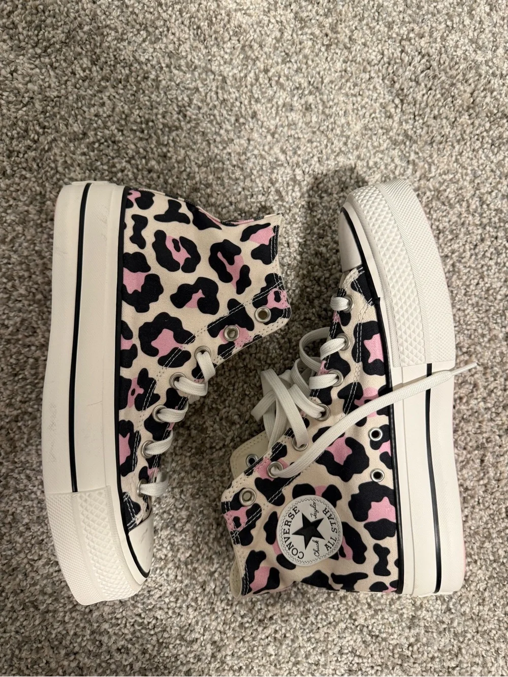 Converse Cream Canvas High-Top Sneakers with Pink and Black Leopard Print